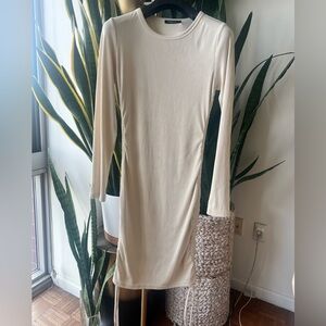 Long Sleeve Cream ribbed Bodycon Dress w/rushing on both sides, body oil mark
